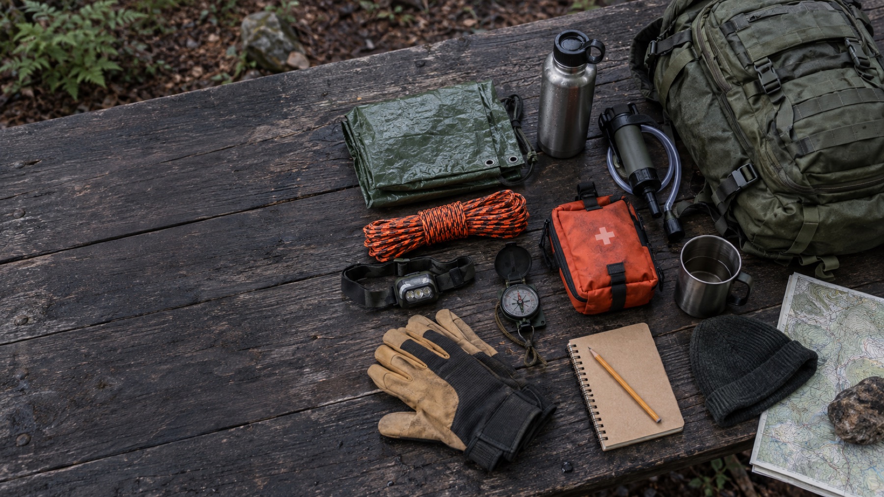Emergency backpack contents arranged for a practical field-kit audit